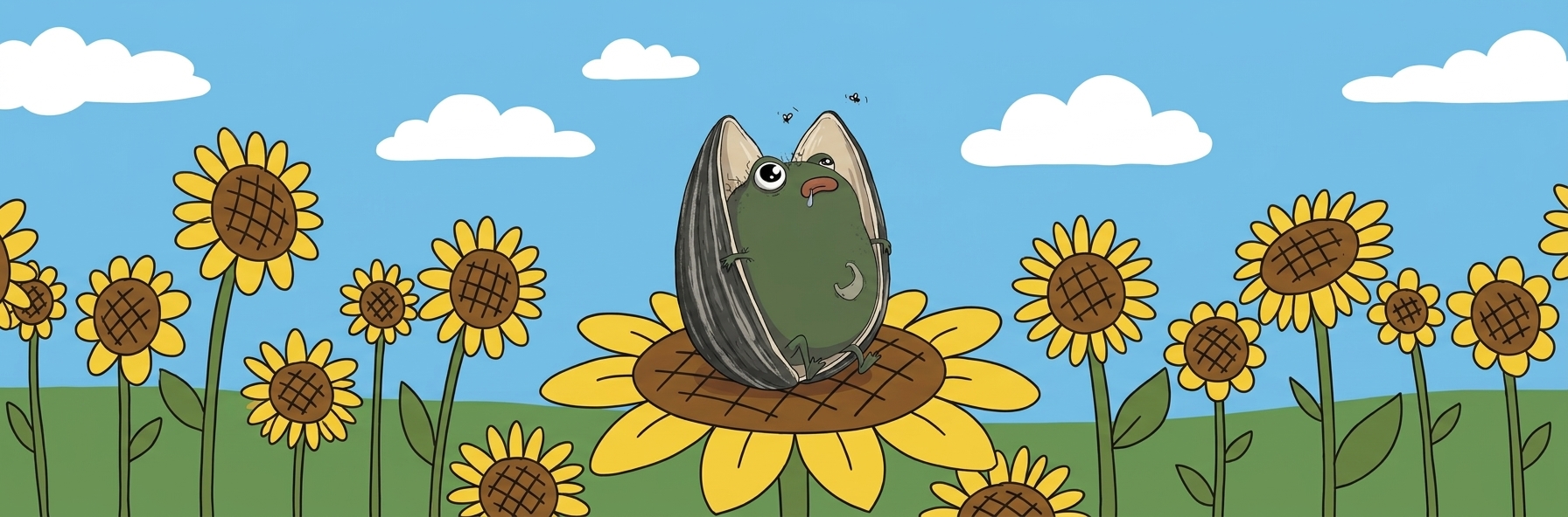 Seedtacio, a frog who fused with a sunflower seed shell, sitting on a sunflower surrounded by flies